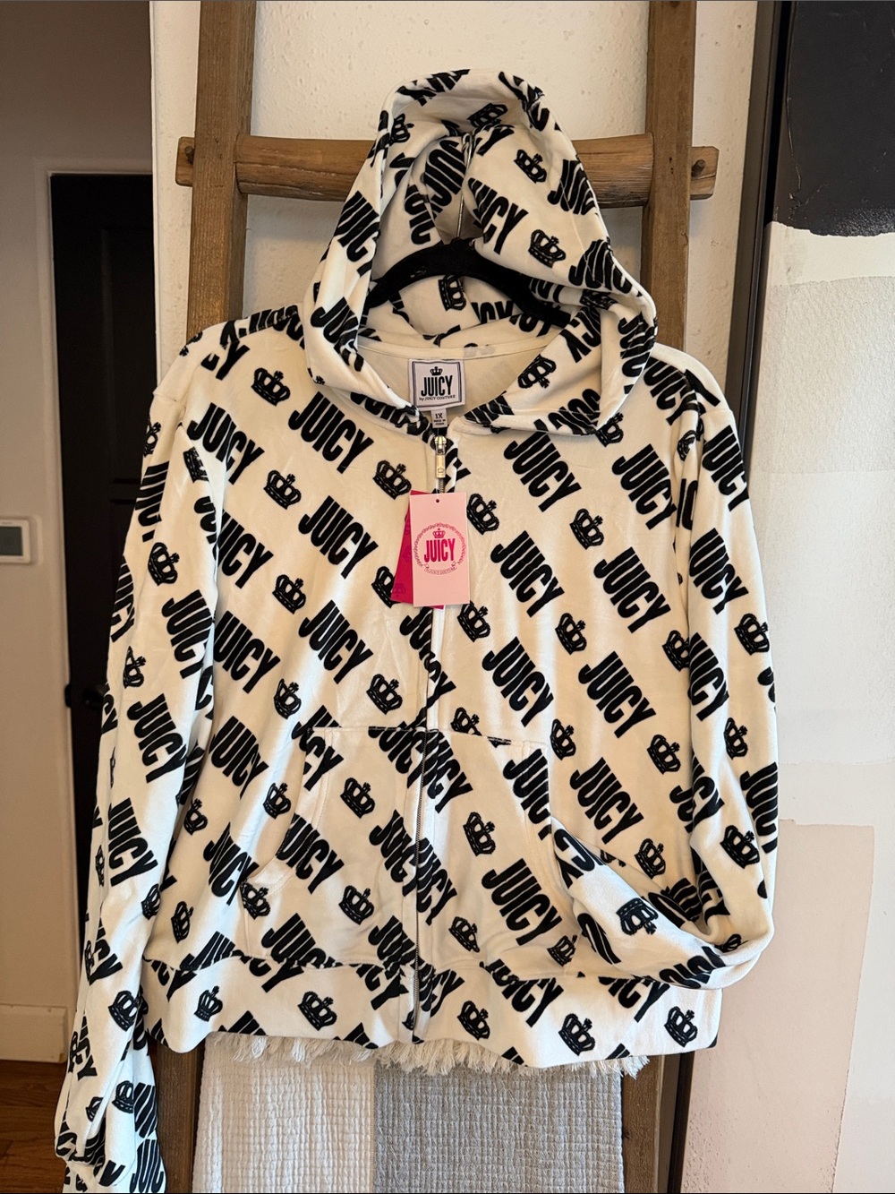 Juicy Couture Soft Velour White Hoodie Jacket with Black Logo Print.